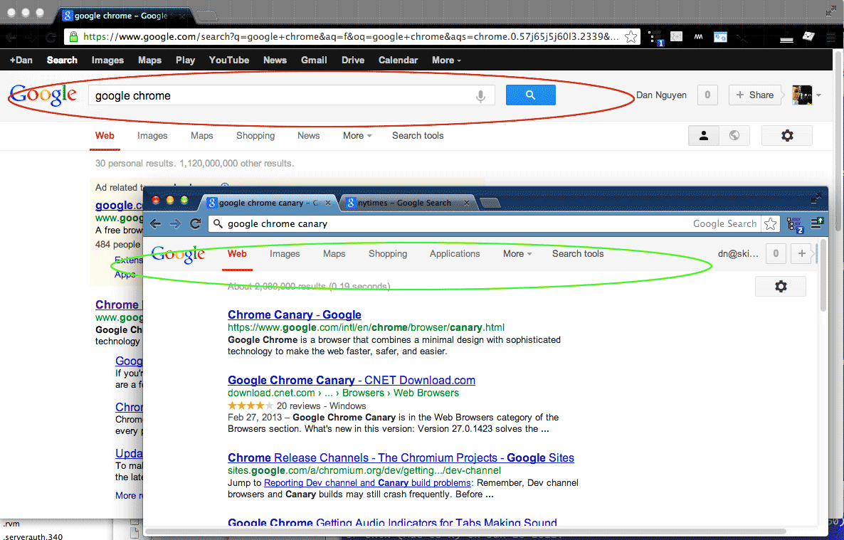 Chrome Canary vs Google Chrome's search page